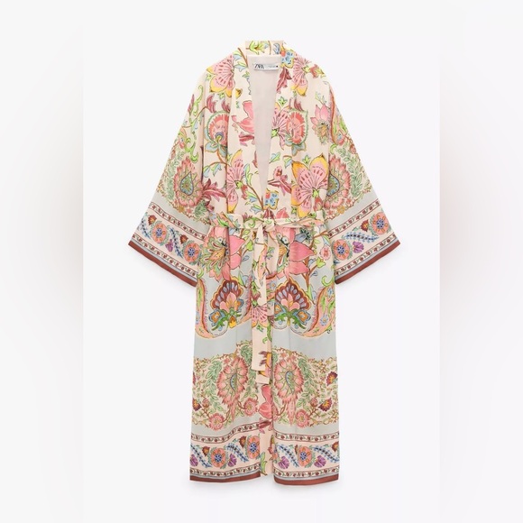 Zara Floral Printed Multicolor Long Belted Pink Pastel Kimono - Picture 6 of 12
